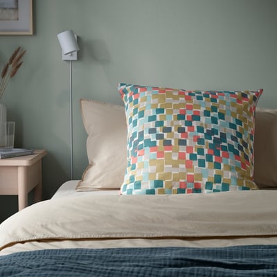 GAFFELBRÄKEN Cushion cover, white/dark gray-turquoise, 26x26 "