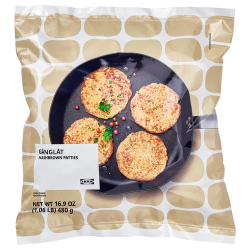 IKEA GÅNGLÅT hashbrowns - 3 patties on skillet with herbs.
