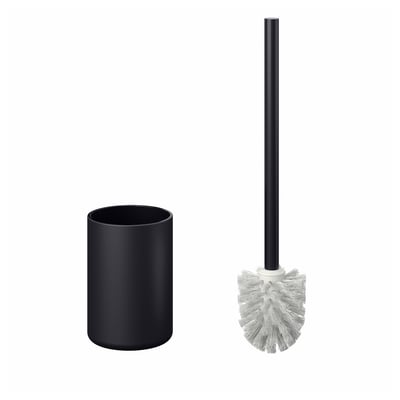 Black toilet brush holder and brush set. Modern minimalist style. Brush stands upright in holder.