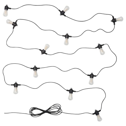 Image displays black GARDJÄRN string lights with 10 clear bulbs, perfect for outdoor decor.