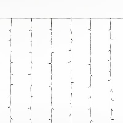 String of outdoor lights with white bulbs, evenly spaced, offering mood lighting and durability.