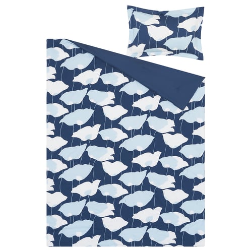 Navy blue floral bedding set with poppies, 1 comforter & 1 sham, cotton & viscose.