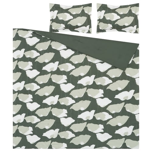 GETRUTA bedding set, green with white flowers on cotton-viscose, rectangle shape, floral pattern.