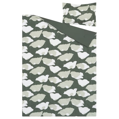 GETRUTA duvet set, dark green with white flowers, cotton/viscose, rectangular, floral pattern.