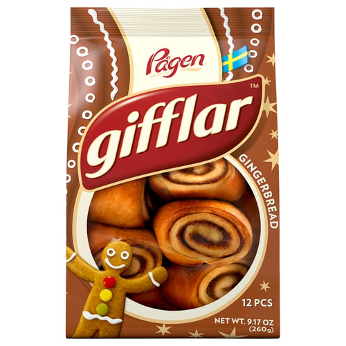 Box of giffar gingerbread treats featuring a gingerbread person, with 12 pieces inside.