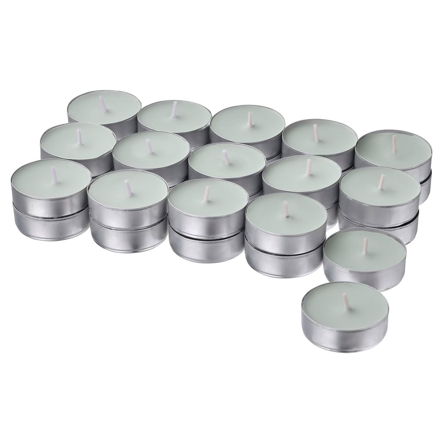 GLASBJÖRK Scented tealight, Cedarwood & vanilla/pale graygreen, 3.5 hr