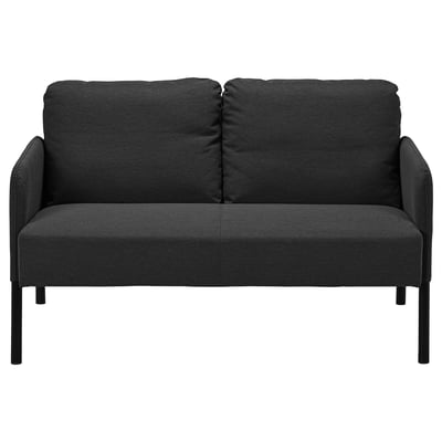 Black GLOSTAD sofa. Modern, compact design with soft cushions, durable polyester fabric, angled metal legs.