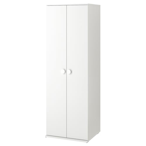 White GODISHUS wardrobe with 2 doors, clothes rail, and shelves. Made of particleboard and melamine foil.