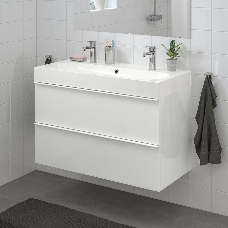 / BRÅVIKEN Sink with 2 drawers, high gloss white/Brogrund faucet, 393/8x187