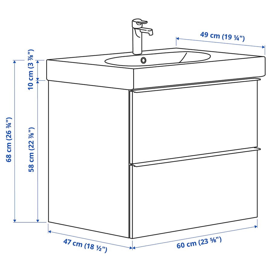 / BRÅVIKEN Sink with 2 drawers, high gloss white/Brogrund faucet, 24x191/4x263