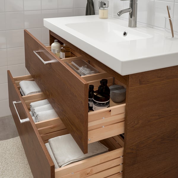 Sink with 2 drawers, brown stained ash effect, 393