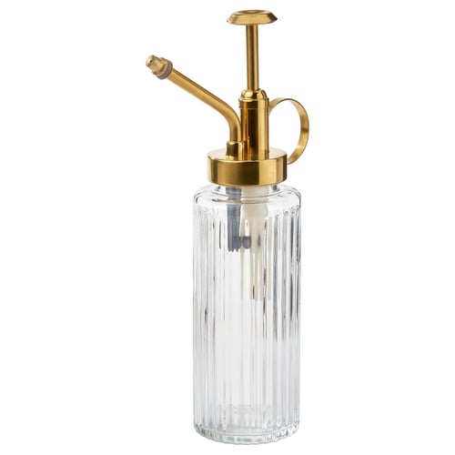 GRADVIS: golden & clear glass plant mister, rounded, vertical grooves, metallic pump, moisture sprayer for plants.
