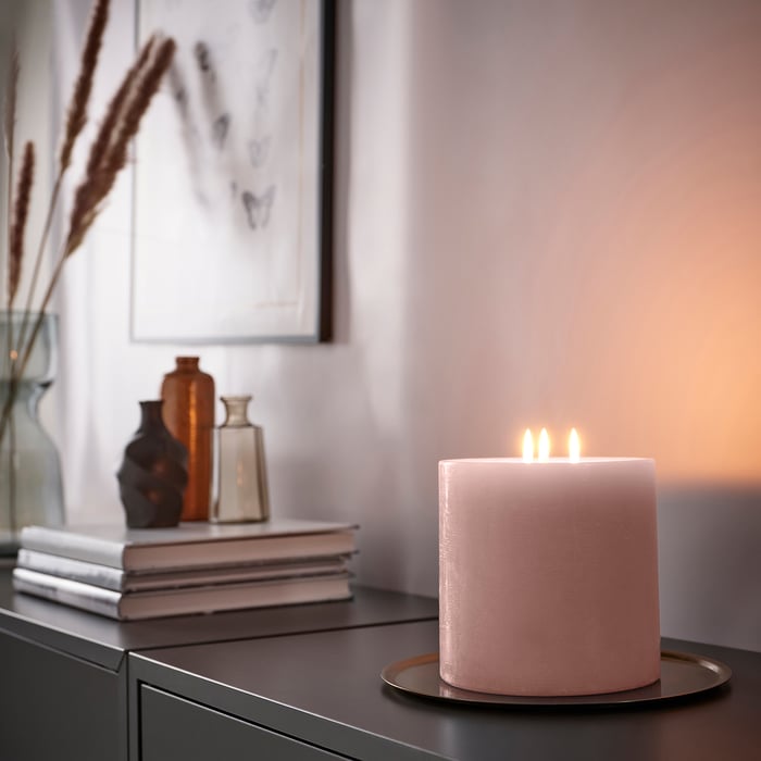 GRÄNSSKOG unscented pillar candle, 3 wick, pale pink, 5 ½" IKEA