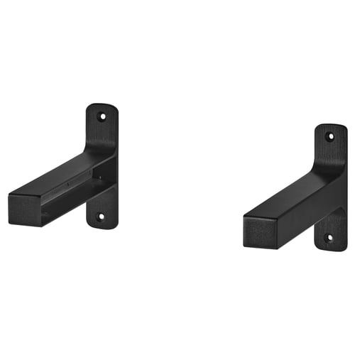 Two black metallic shelf brackets, angular and minimalist, likely made of aluminium.