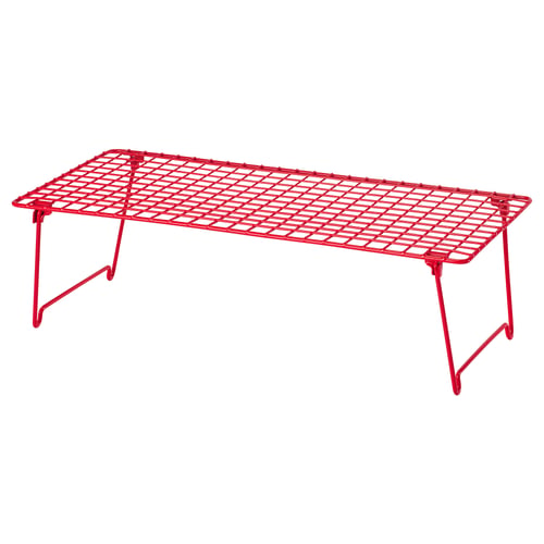 Bright red, foldable metal shoe rack, holding 3 pairs, modern design, easy to store.