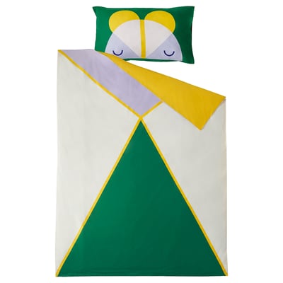 Colourful geometric bedding set with yellow, green, and purple blocks, modern design