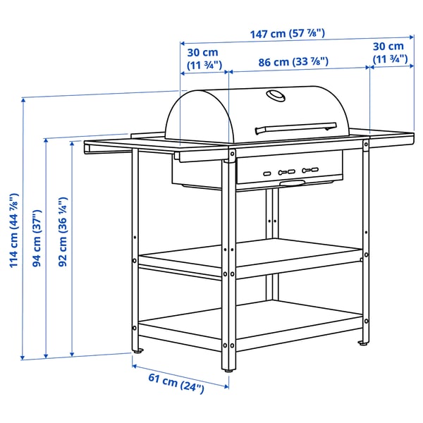GRILLSKÄR Charcoal grill w 2 side tables, stainless steel/outdoor, 39/48 3/8/57 7/8x24 "