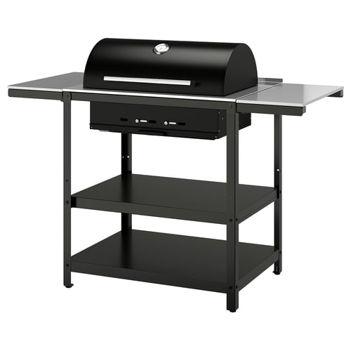 GRILLSKÄR charcoal grill w 2 side tables, stainless steel/outdoor, 39
