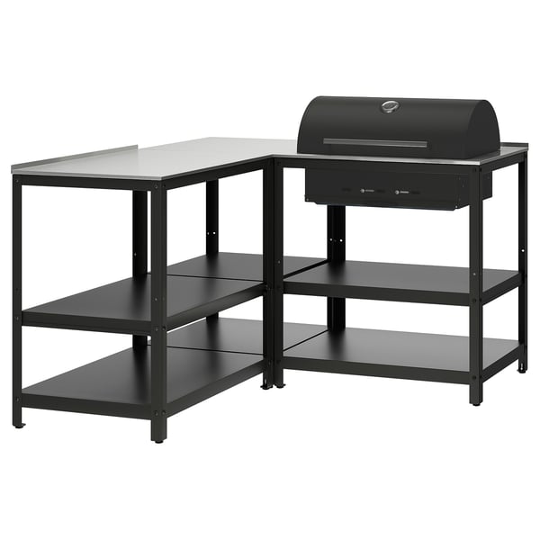 GRILLSKÄR Charcoal grill w kitchen island, stainless steel/outdoor, 57 7/8x57 7/8 "