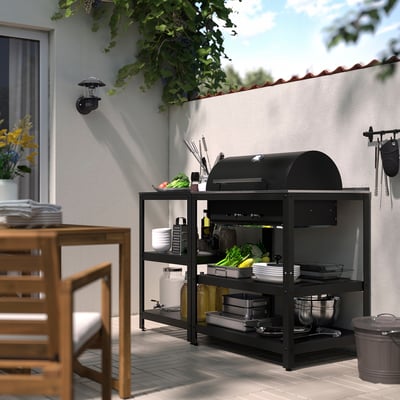 GRILLSKÄR Charcoal grill w kitchen island, stainless steel/outdoor, 57 7/8x24 "