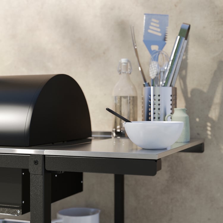 GRILLSKÄR charcoal grill w side table, stainless steel/outdoor, 365/8