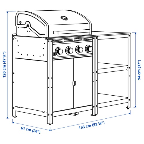 GRILLSKÄR Gas grill w kitchen island, stainless steel/outdoor, 52 3/8x24 "