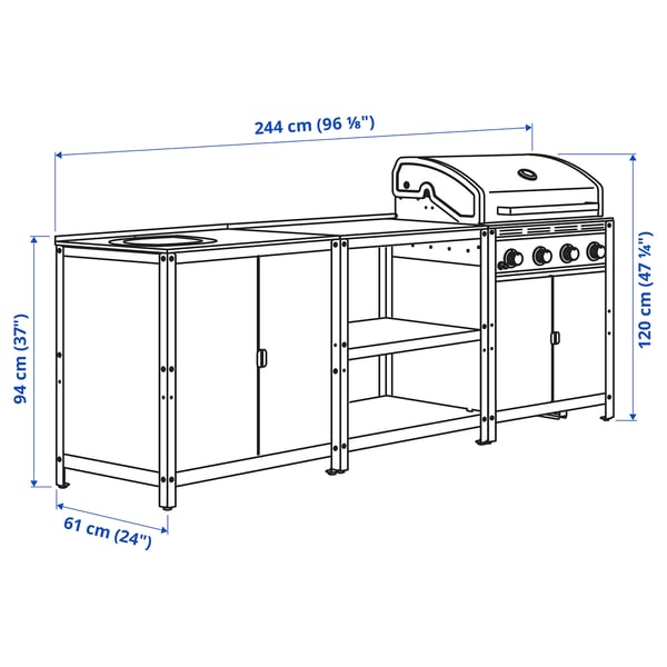 GRILLSKÄR Outdoor kitchen, stainless steel, 96 1/8x24 "