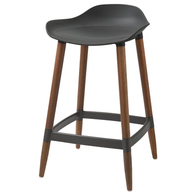 Black modern bar stool with curved seat and wooden legs.
