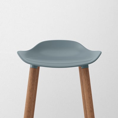 A modern bar stool with a sleek, light blue seat and sturdy wooden legs. The design is minimalist and stylish, ideal for kitchens or bars.