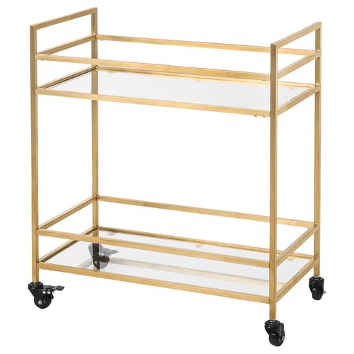 Modern brass-colored metal bar cart with clear glass shelves and wheels.