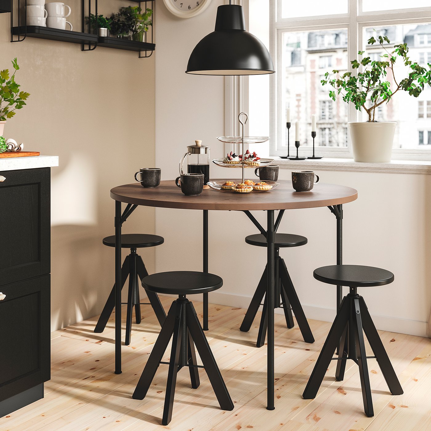 GRÖTÅN / RUDSTORP table and 4 stools, pine brown stained/black