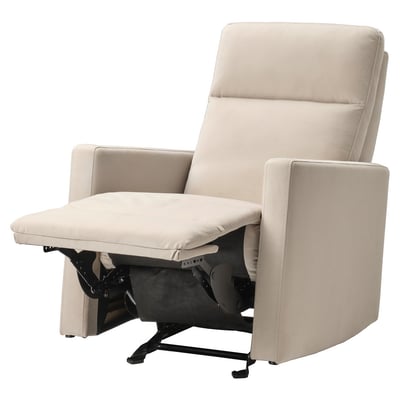 GRYTERYD beige recliner, soft fabric, sleek design, adjustable back & footrest.