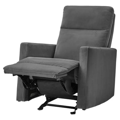 Grey recliner chair with soft, padded design for comfort. Upright back and adjustable footrest.