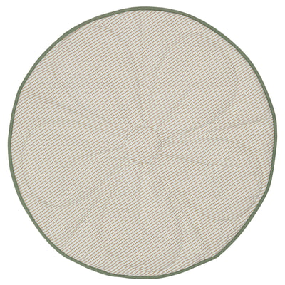 GULDVÄVARE round baby blanket in green, white, and orange. Centre floral design, quilted with organic cotton, soft polyester filling.