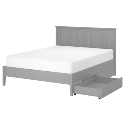 GULLABERG grey bed, light wood, slim design, large open under-bed storage, white mattress.
