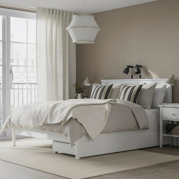 GULLABERG Bed frame with 2 storage boxes, white/Luröy, Queen