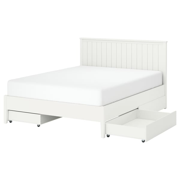 White GULLABERG bed with wood sides, 4 storage drawers, high headboard, castor wheels.