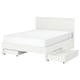 White GULLABERG bed with wood sides, 4 storage drawers, high headboard, castor wheels.