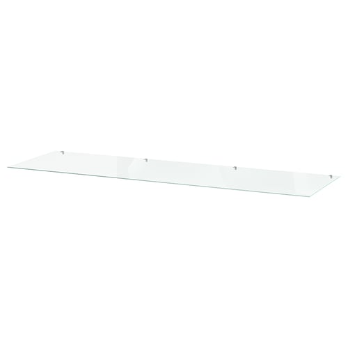 A clear glass shelf, rectangular in shape, with a modern and minimalist design, ideal for displaying items or organising spaces.