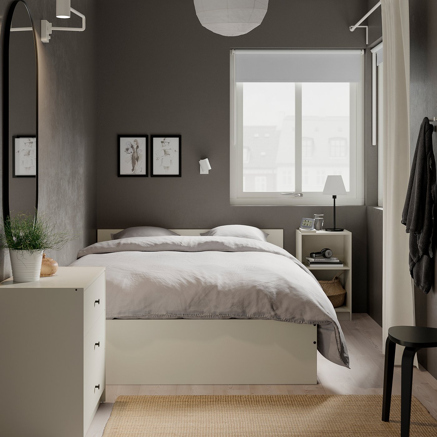 【人気沸騰】 frame bed GURSKEN with Full/Double beige, light headboard, ベッドフレーム