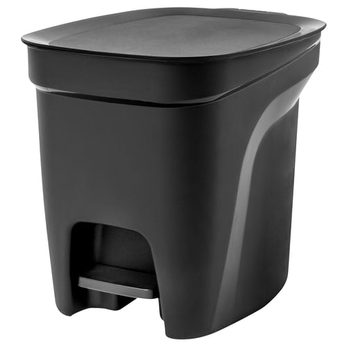 Black IKEA HÄCKSAX pedal bin: sleek, rectangular, plastic with galvanised steel pedal.