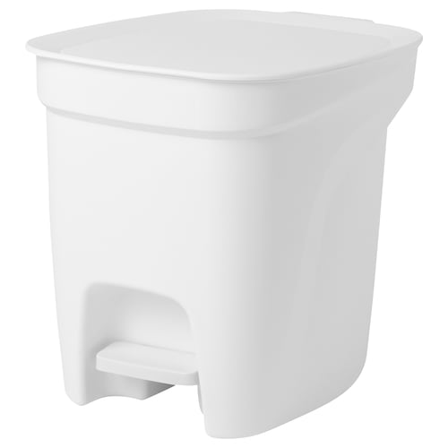 White plastic pedal bin, small, square shape, simple design, waste container.