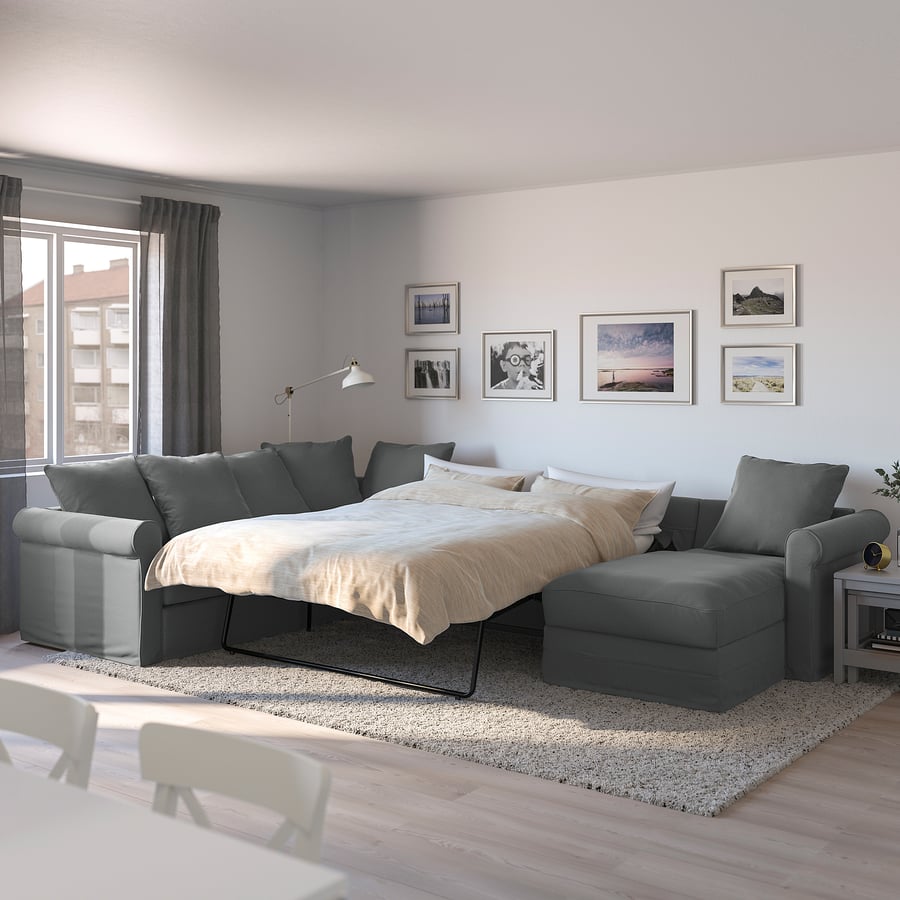 HÄRLANDA corner sleeper sofa, 5seat, with chaise/Ljungen medium gray