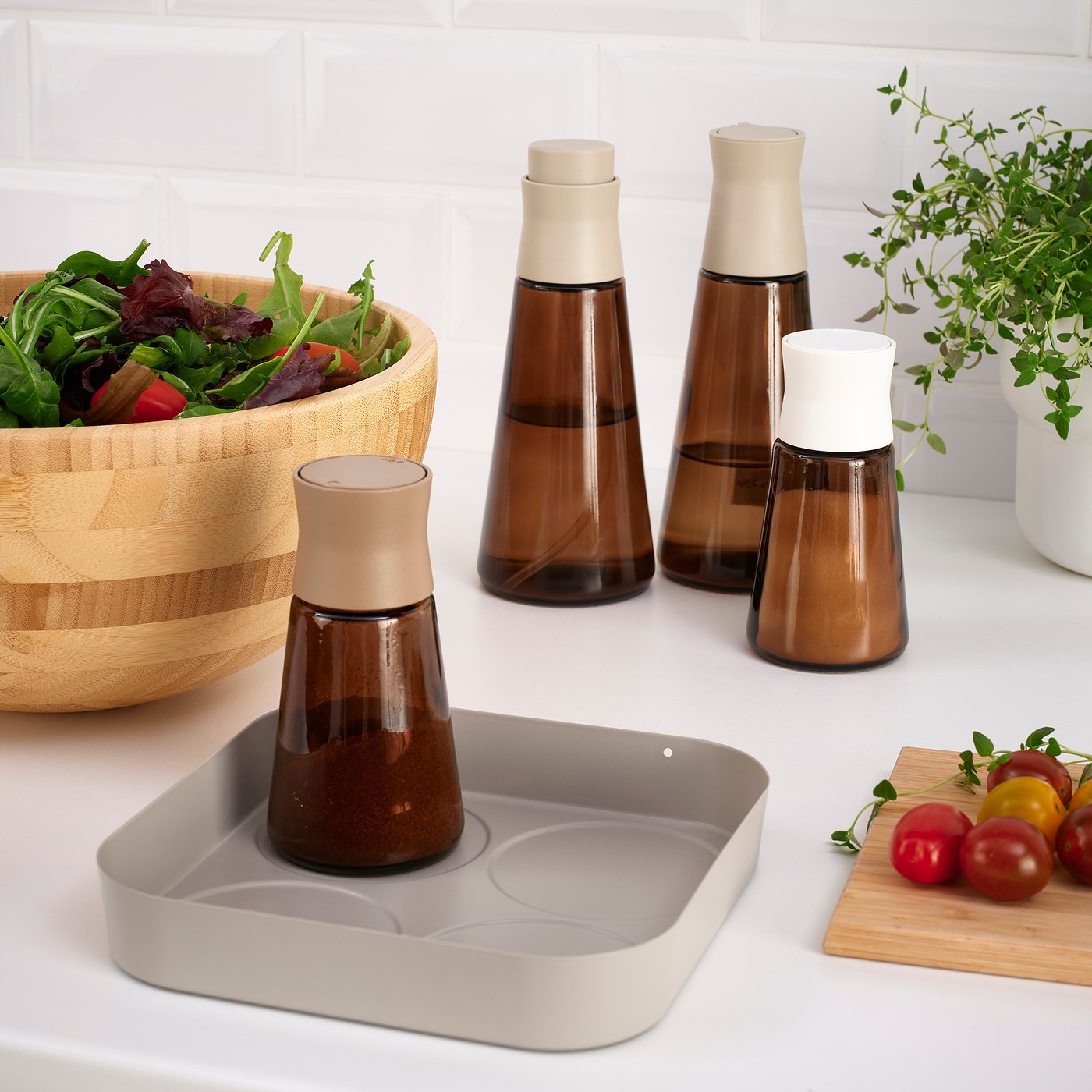 HALVTOM spice jars/bottles tray, gray-beige, 6 ¾x6 ¾