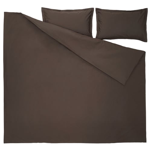 Image displays HAMPFLOCKEL duvet set in warm brown, featuring crisp cotton percale with three pieces: flat and two pillows, envelope closure.