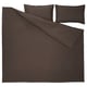 Image displays HAMPFLOCKEL duvet set in warm brown, featuring crisp cotton percale with three pieces: flat and two pillows, envelope closure.