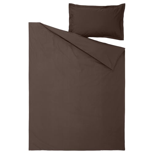 HAMPFLOCKEL duvet & pillow in dark brown, cotton, solid colour, crisp percale weave.
