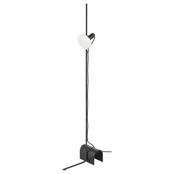 HÅRSLINGA / MOLNART Floor lamp with LED bulb, black/donut-shaped opal