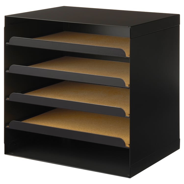 Black HARVMATTA organiser with four cork-lined trays, rectangular shape, sleek metal sides.