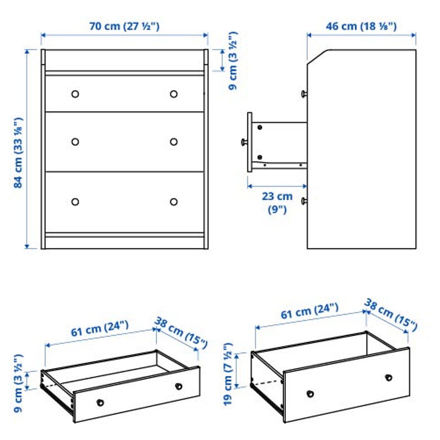 HAUGA 3-drawer dresser, gray, 271/2x181/8x331/8